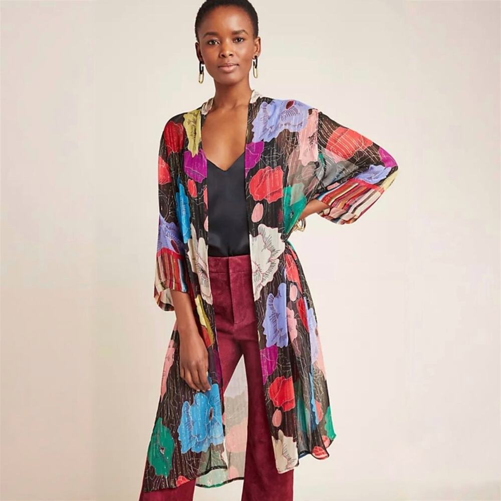 Anthropology Bl^nk London Bea Shimmer Duster Kimono Floral and Metallic Size S/M